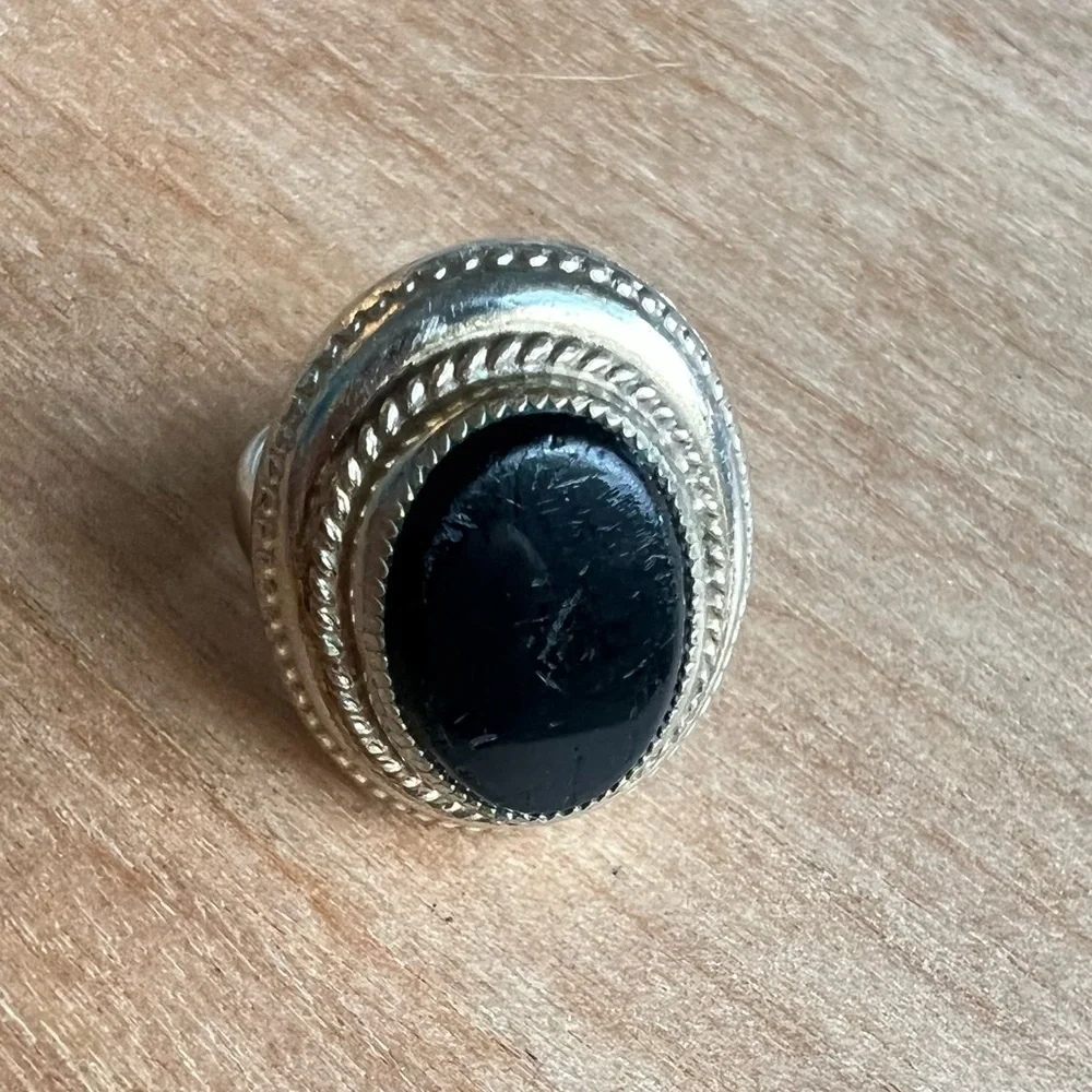 Vintage Whiting Davis Hematite Silver tone Cocktail Ring Signed